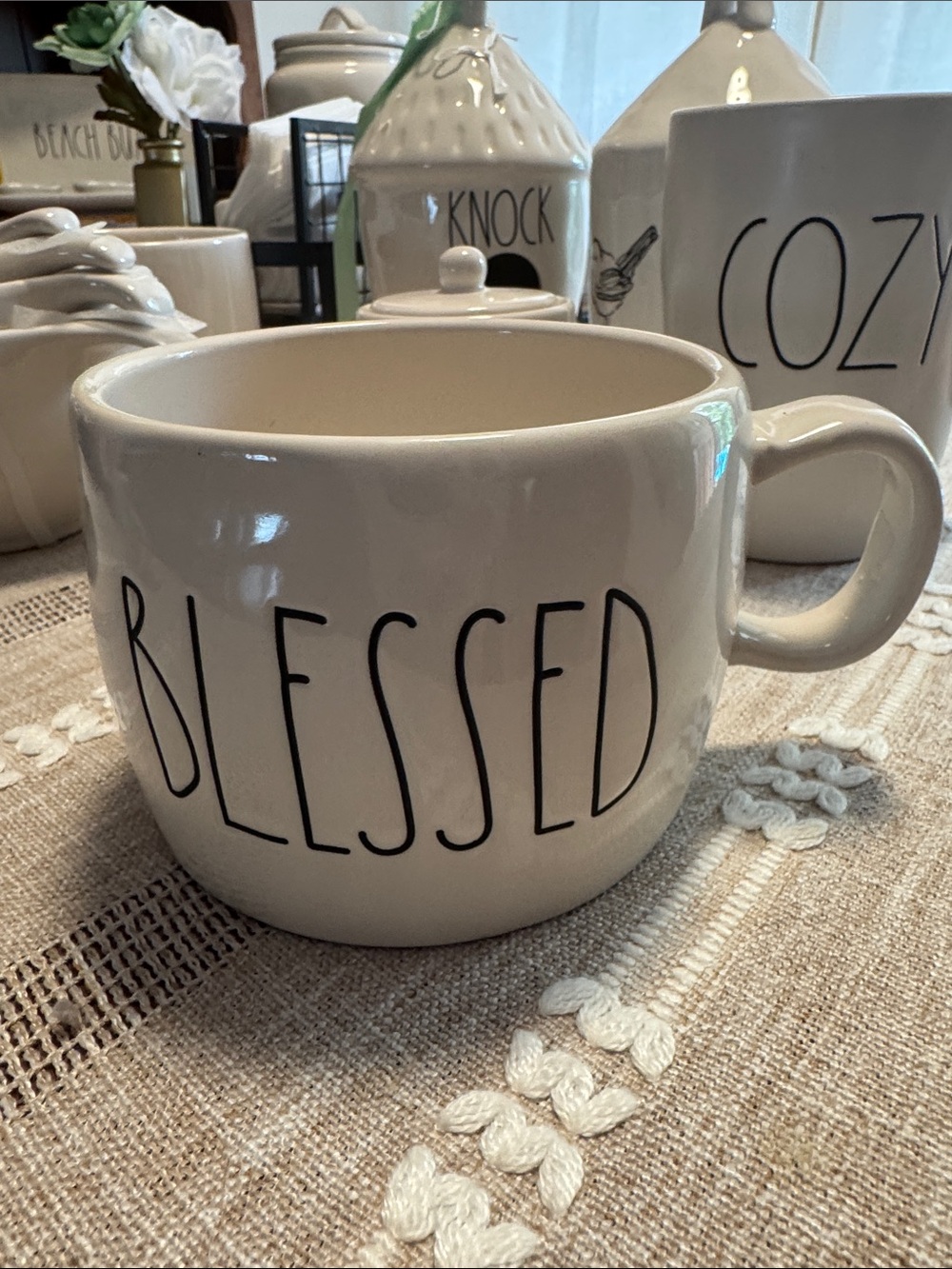 Rae Dunn BLESSED Mug in White with Black Lettering